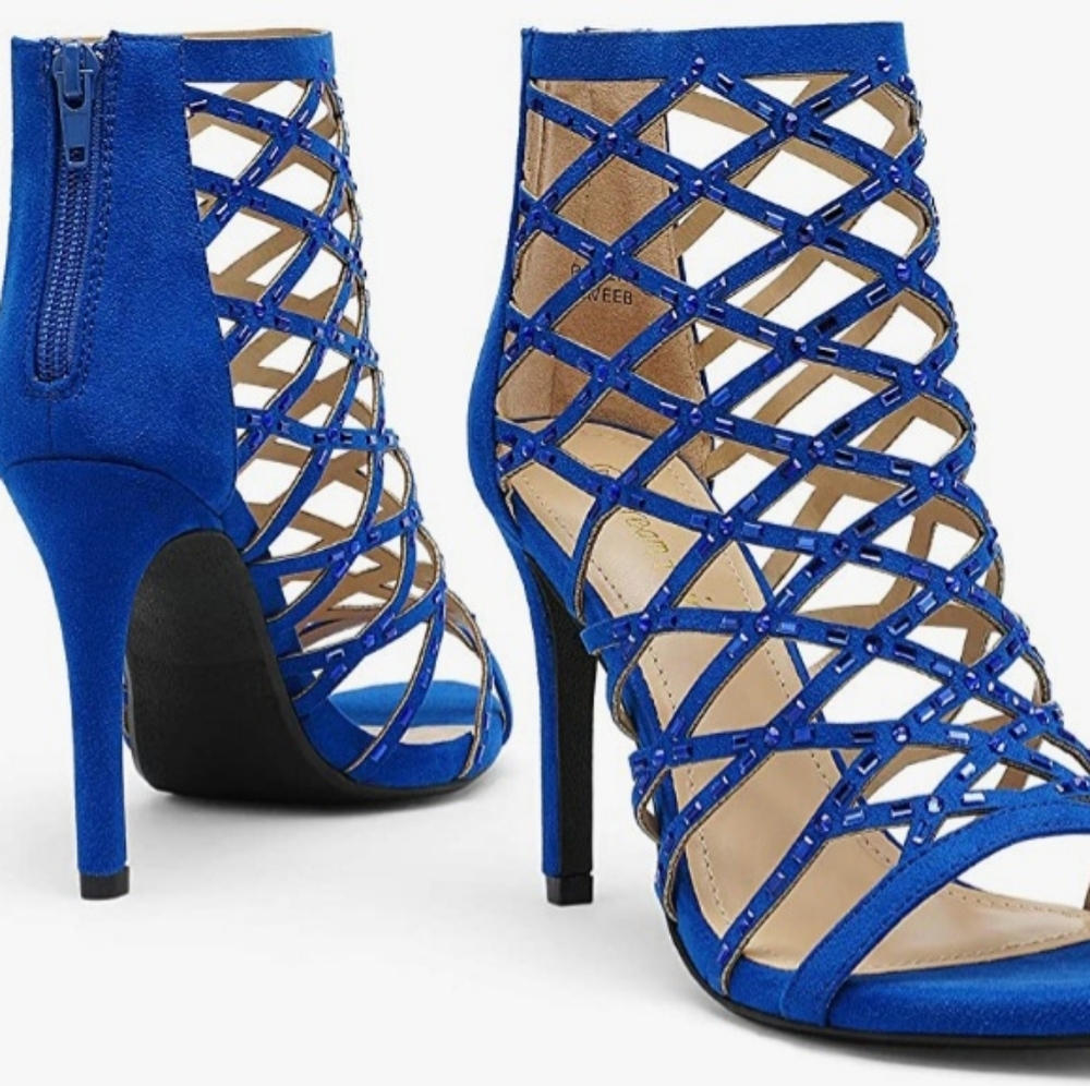 Blue open toe stiletto heels